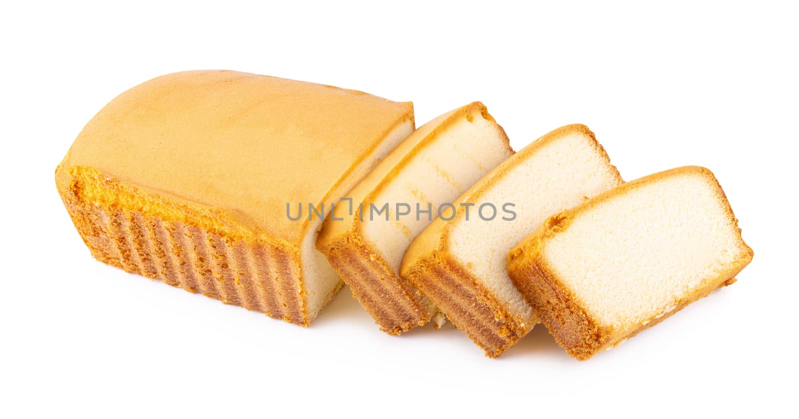 Sliced moist butter cake isolated over the white background.