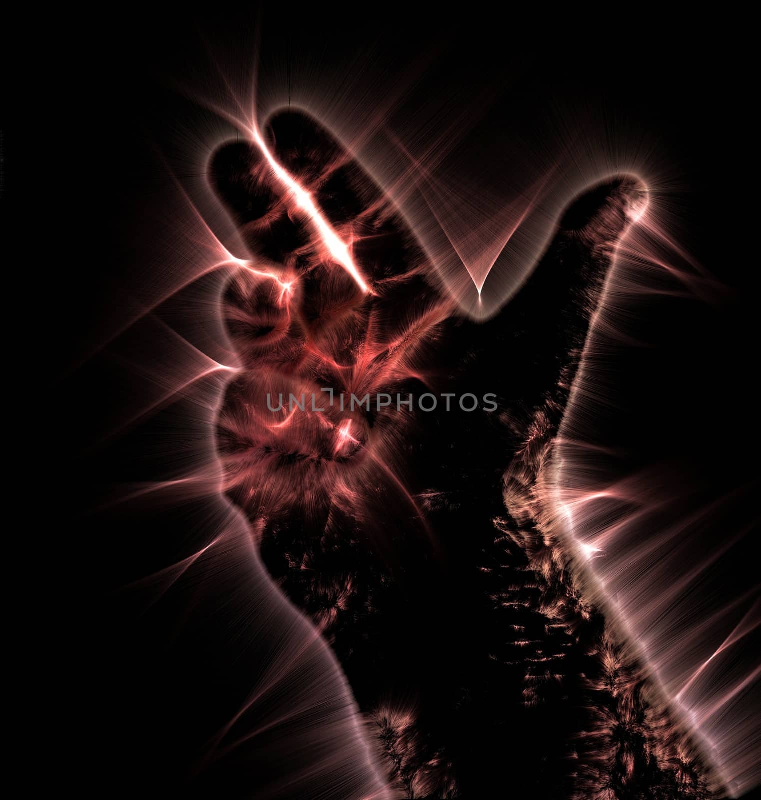 3D-Illustration of a glowing human male hand with a kirlian aura showing different symbols.