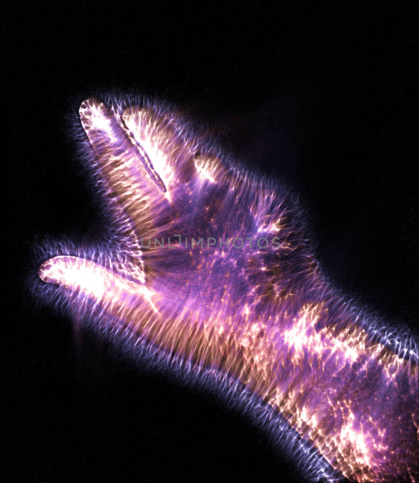 3D-Illustration of a glowing human male hand with a kirlian aura showing different symbols.