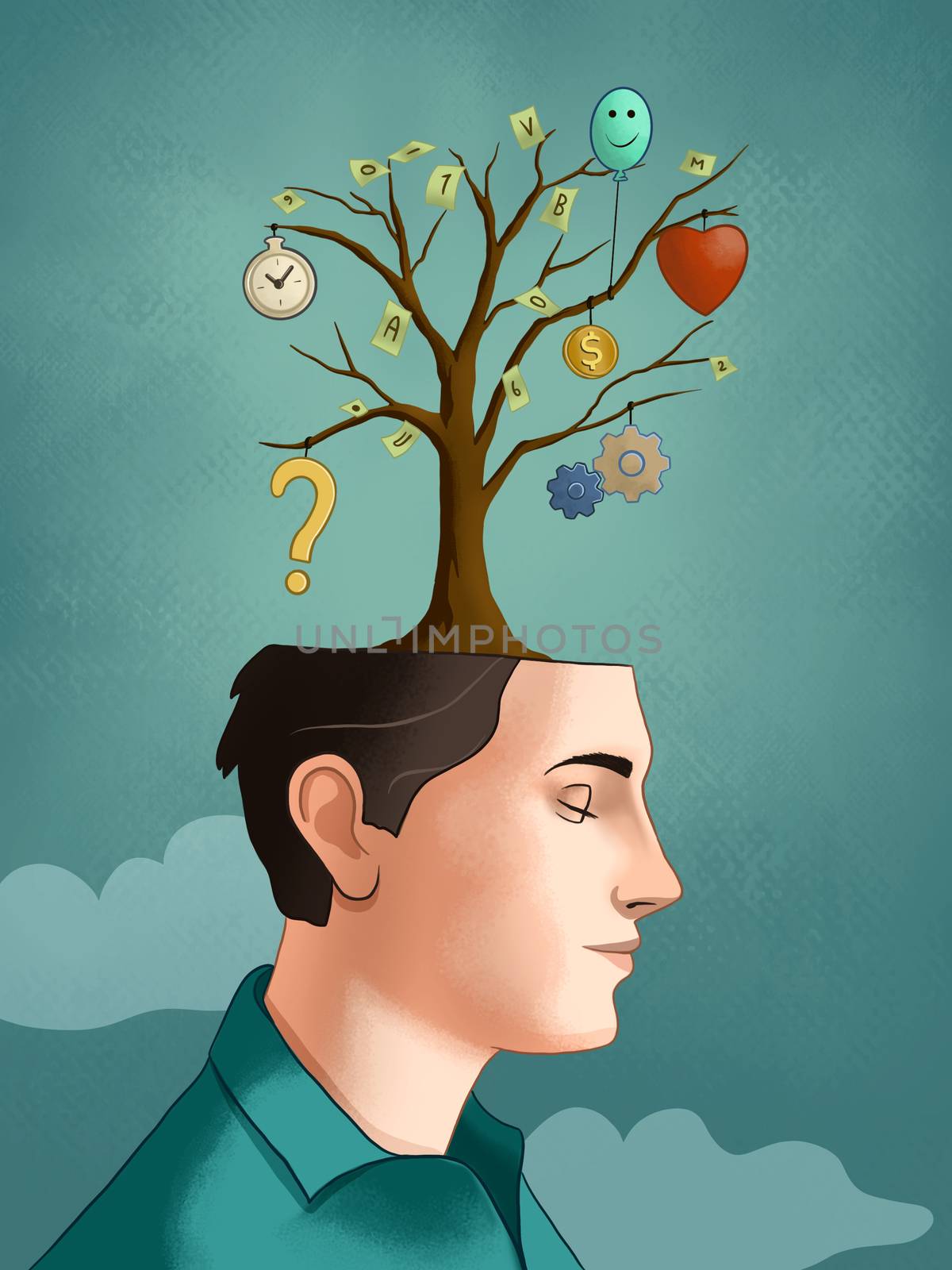 Tree growing from a young male's head, with different thoughts developing from each branch. Digital illustration.