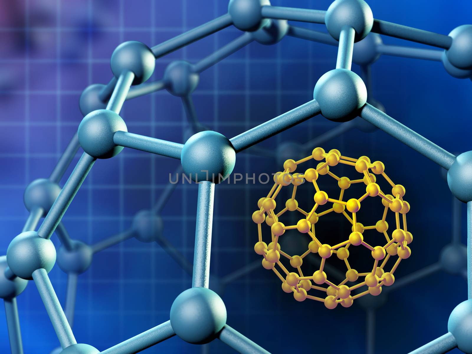 Spherical fullerene molecule. 3D illustration.