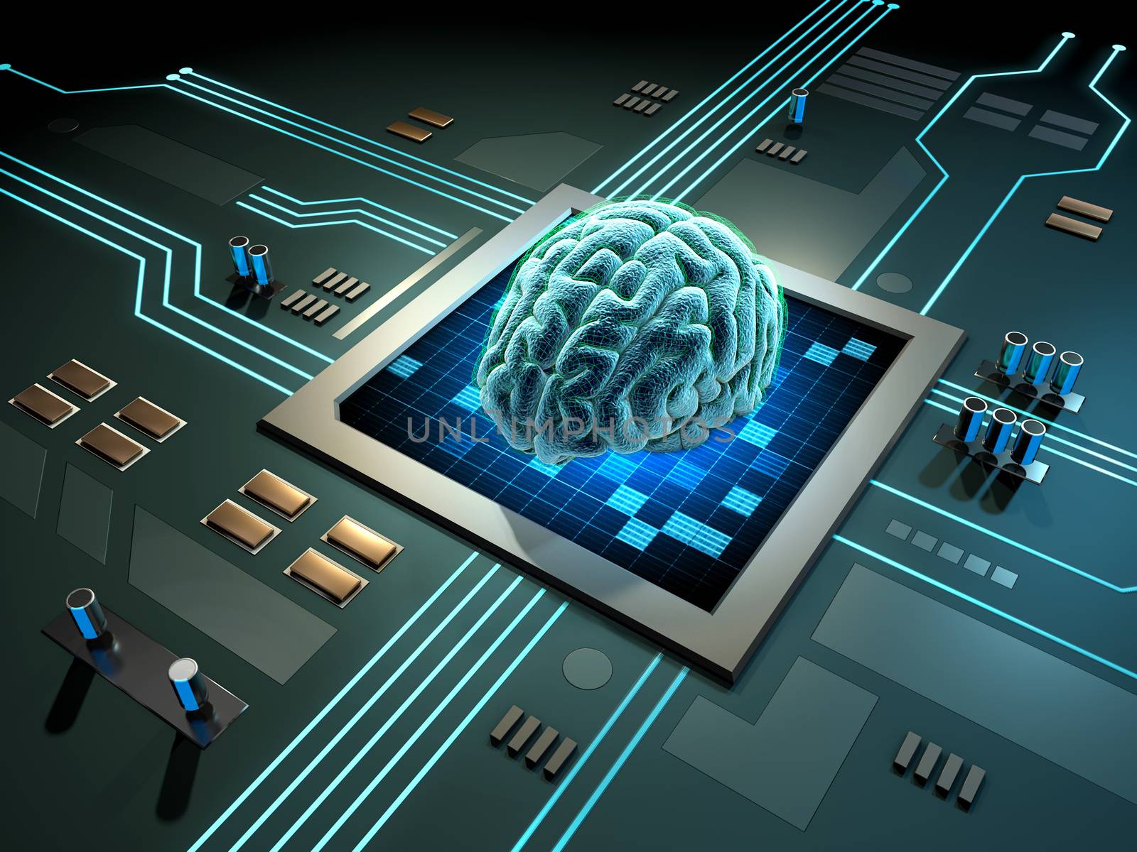 Digital brain on a printed circuits board. 3D illustration.