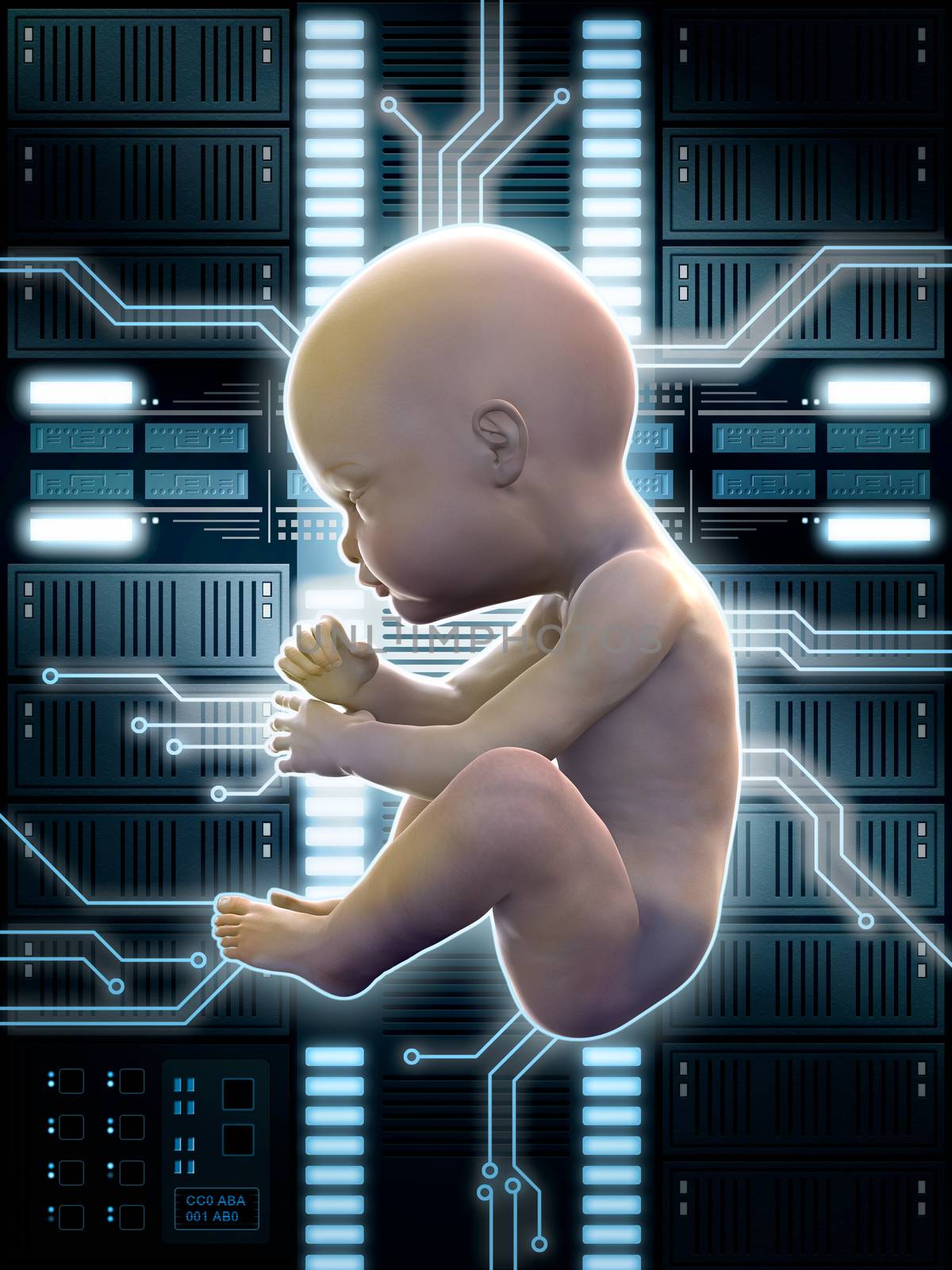 Human fetus connected to a computer server. Digital illustration.