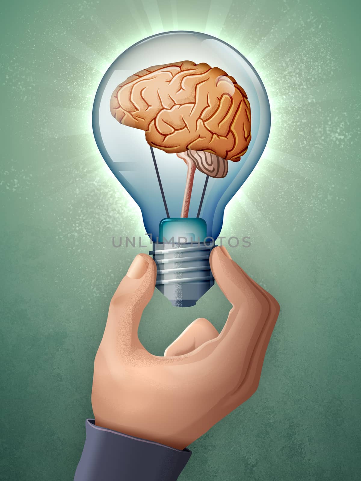 Human brain inside a lightbulb. Digital illustration.