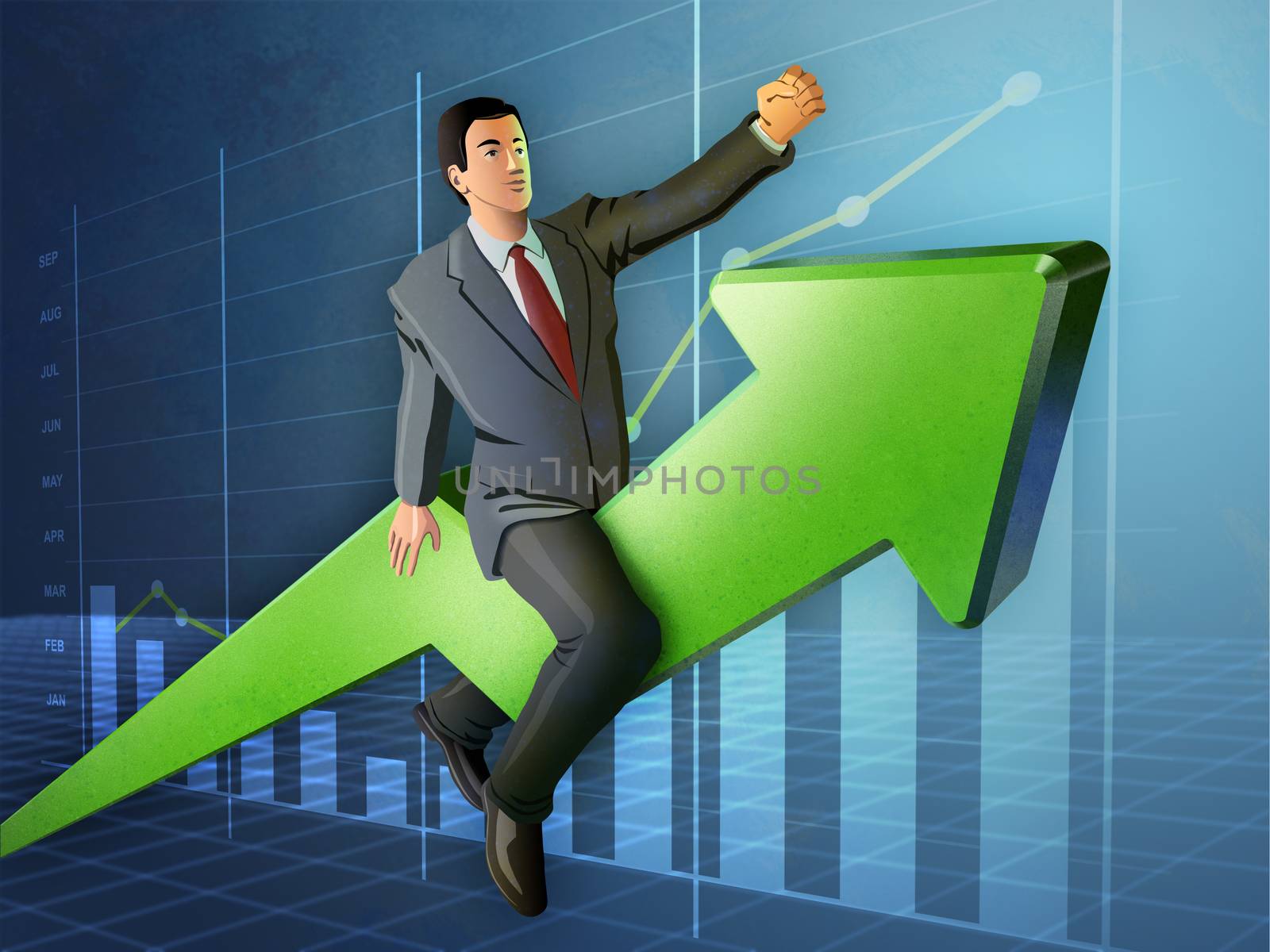 Businessman riding a rising graph arrow. Digital illustration.