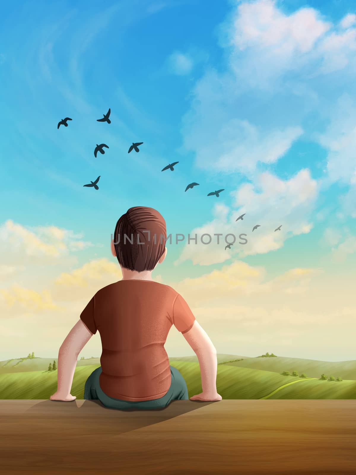Children looking into a serene, sunny landscape, with birds flying through the sky. Digital illustration.