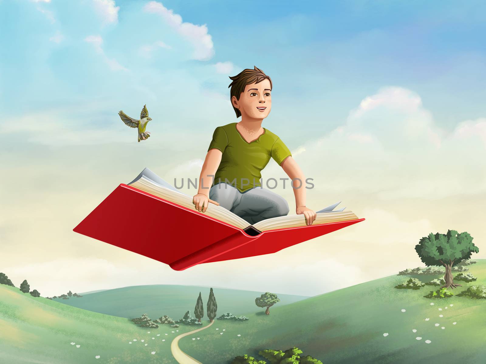 Children flying on an open book through a rural landscape. Digital illustration.