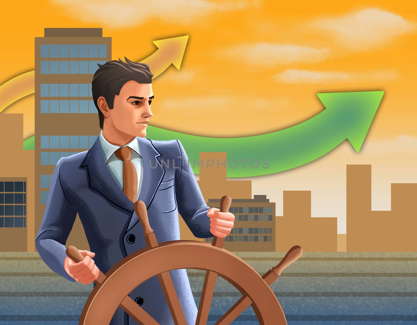 Confident businessman as a helmsman at a ship's wheel. Digital illustration.