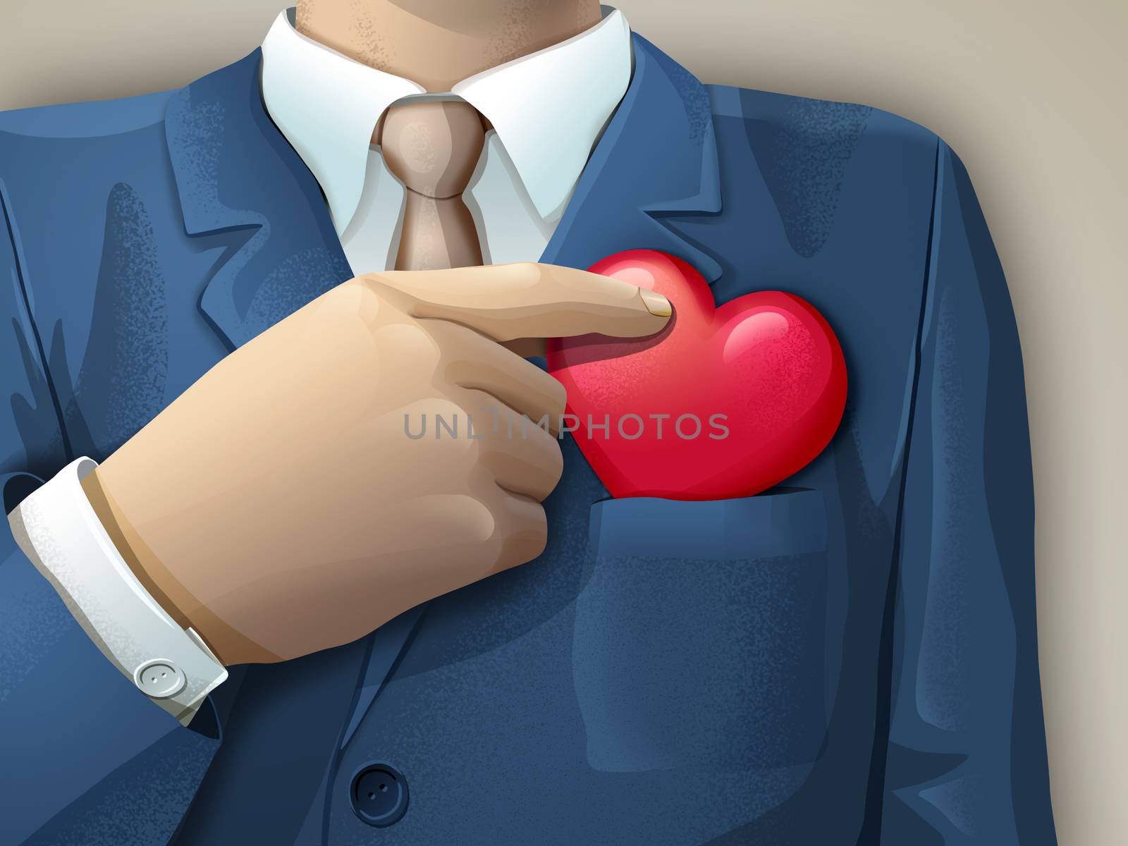 Businessman holding an heart shape between its fingers. Digital illustration.
