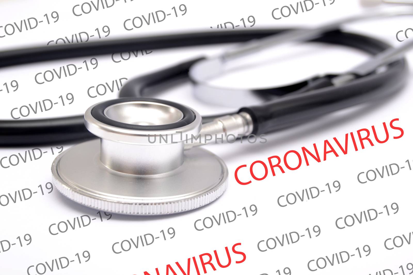 Stethoscope with Coronavirus and COVID-19 pattern words
