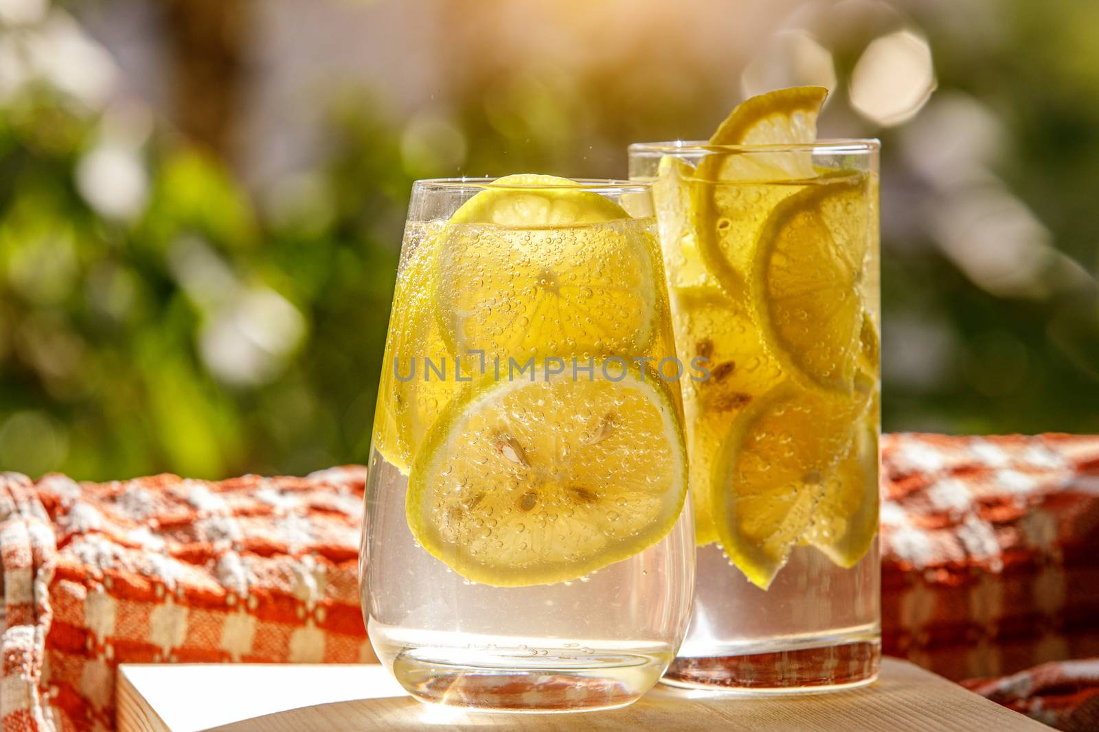 Lemonade with fresh lemon in glass on garden background