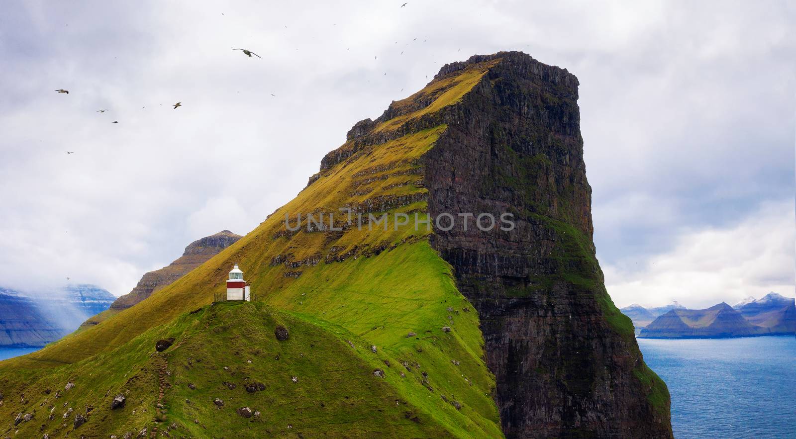 Small lighthouse located on island of Kalsoy with seagulls flying, Faroe Islands by nickfox