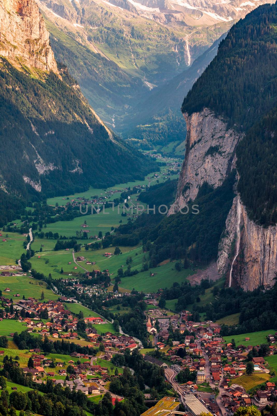 Lauterbrunnen valley located in the Swiss Alps near Interlaken in the Bernese Oberland of Switzerland, also known as the Valley of waterfalls. Cold evening.