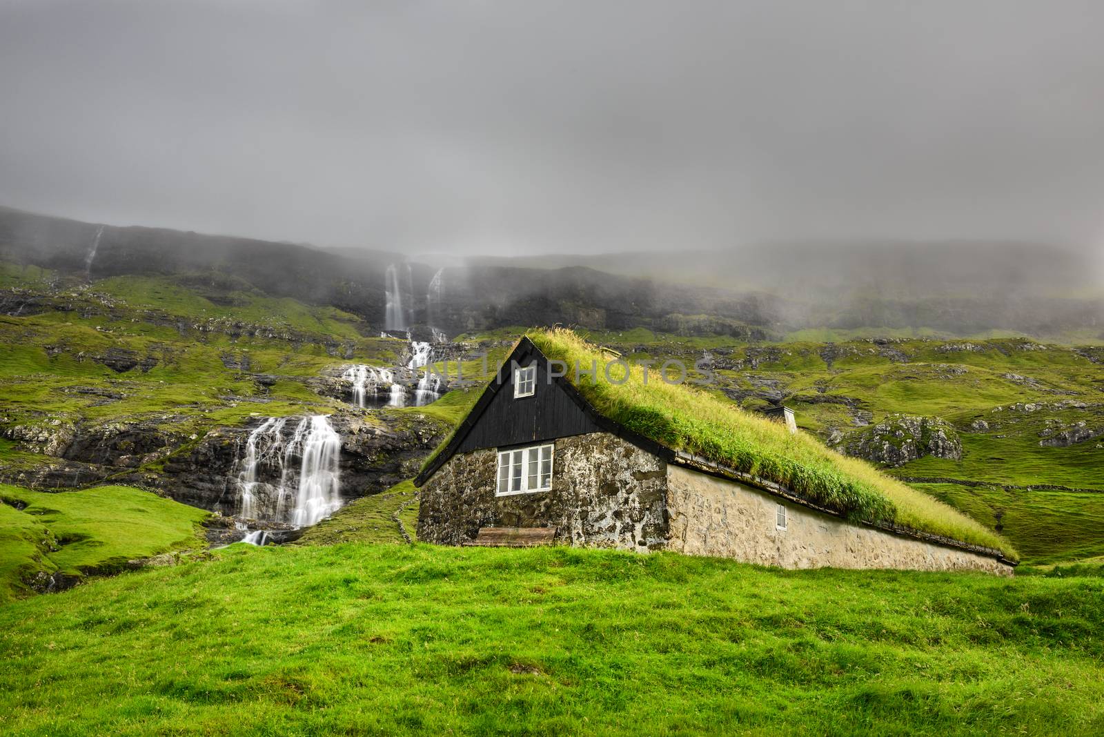 Historic stone house with turf roof on the island of Streymoy, Saksun, Faroe Islands