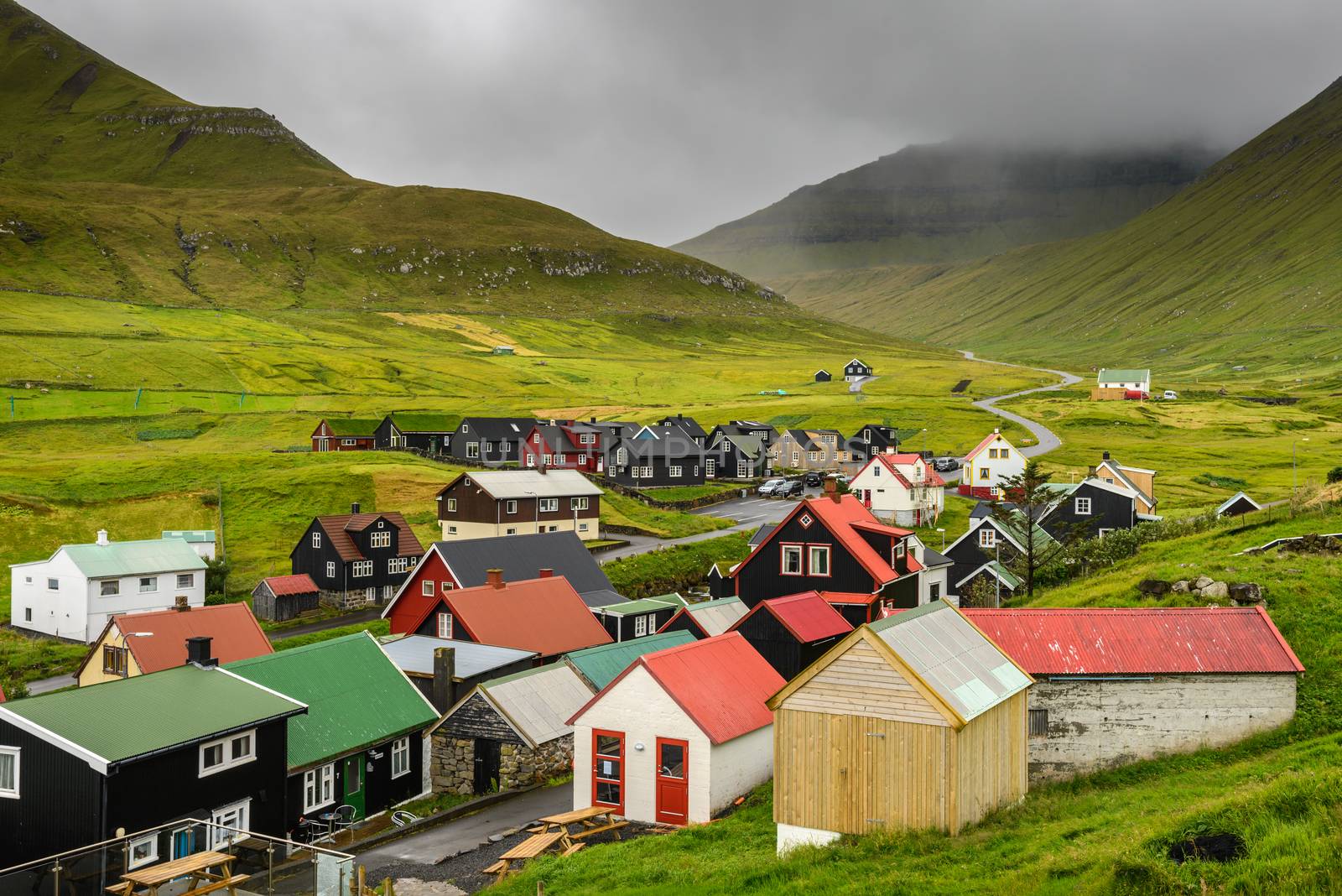 Picturesque village of Gjogv with typically colourful houses on the island of Eysturoy, Faroe Islands, Denmark