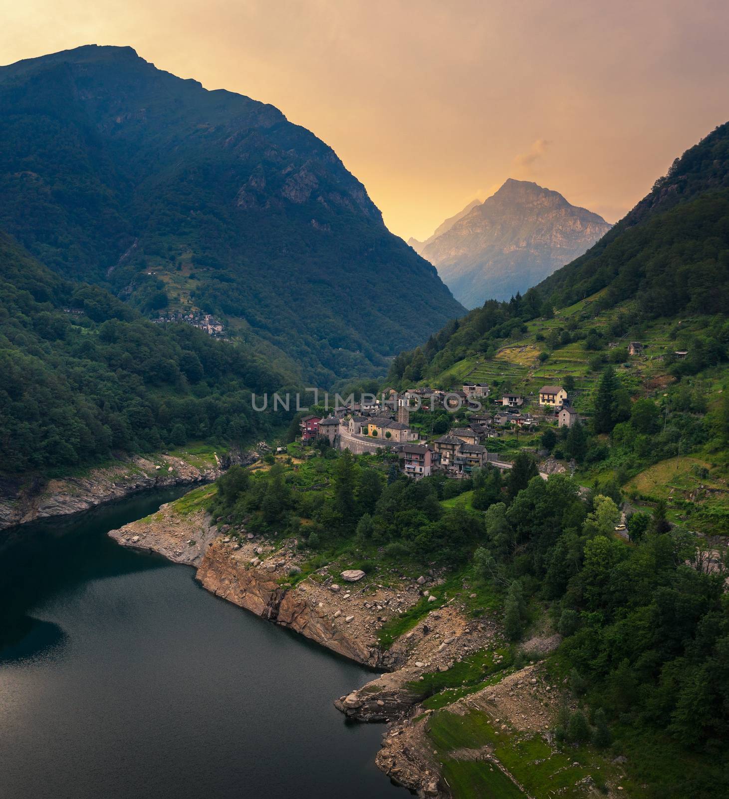 Aerial view of the village of Vogorno located in the Verzasca valley in the Swiss alps, Switzerland.