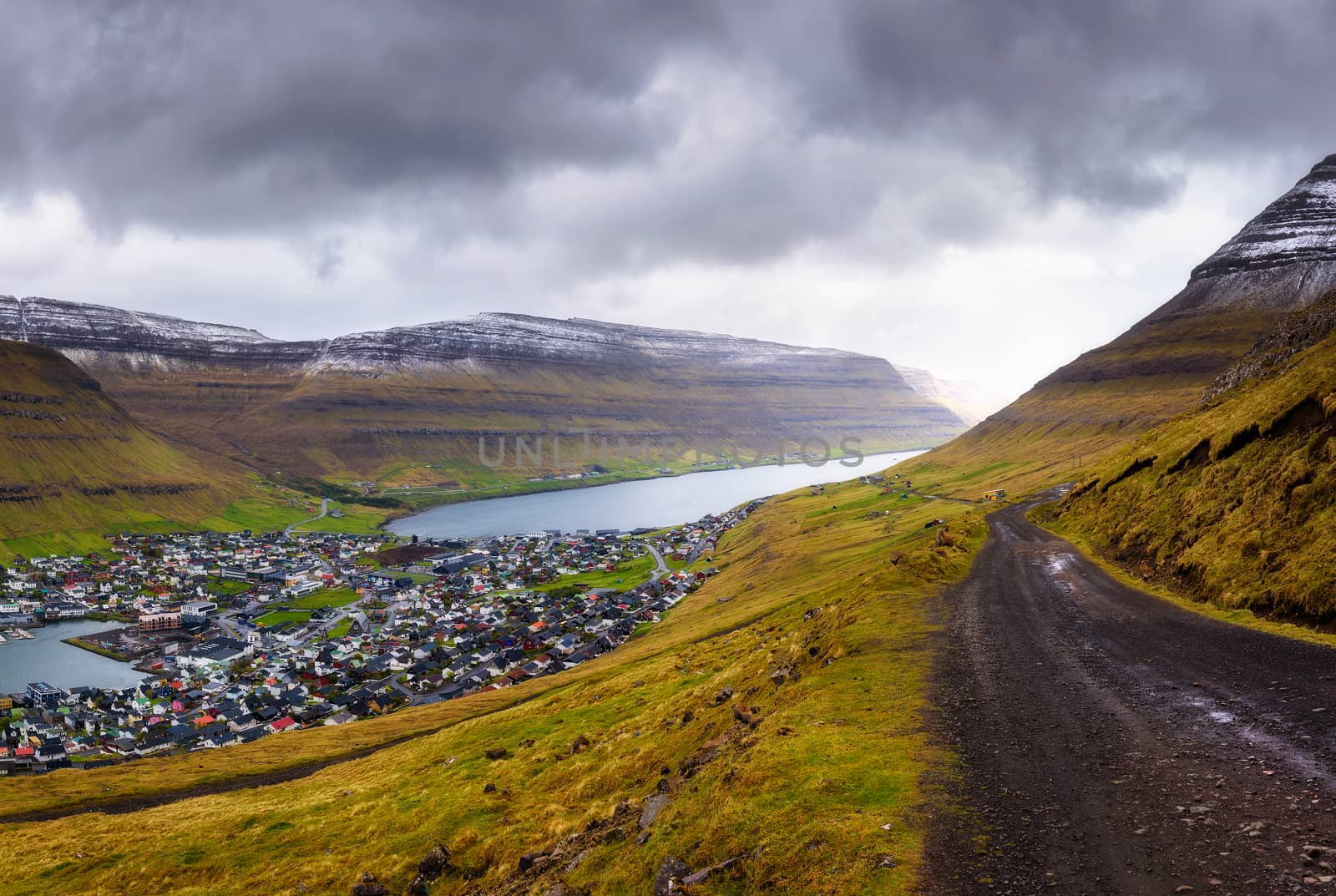 City of Klaksvik with a dirt road on Faroe Islands, Denmark by nickfox