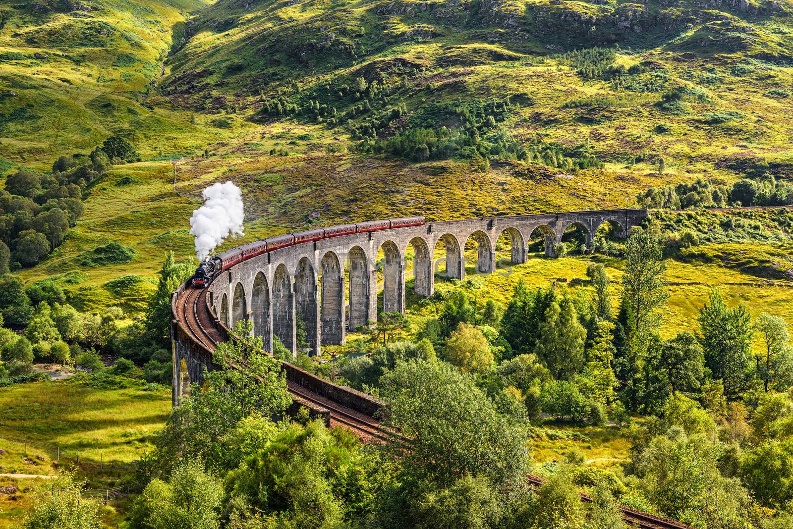 Glenfinnan Railway Viaduct in Scotland with a steam train by nickfox