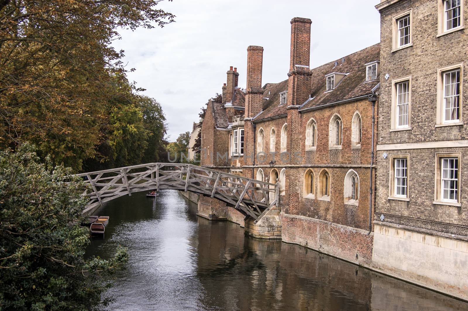 The wooden footbridge at Queens' College, Cambridge known as the Mathematical Bridge. Part of the University of Cambridge.