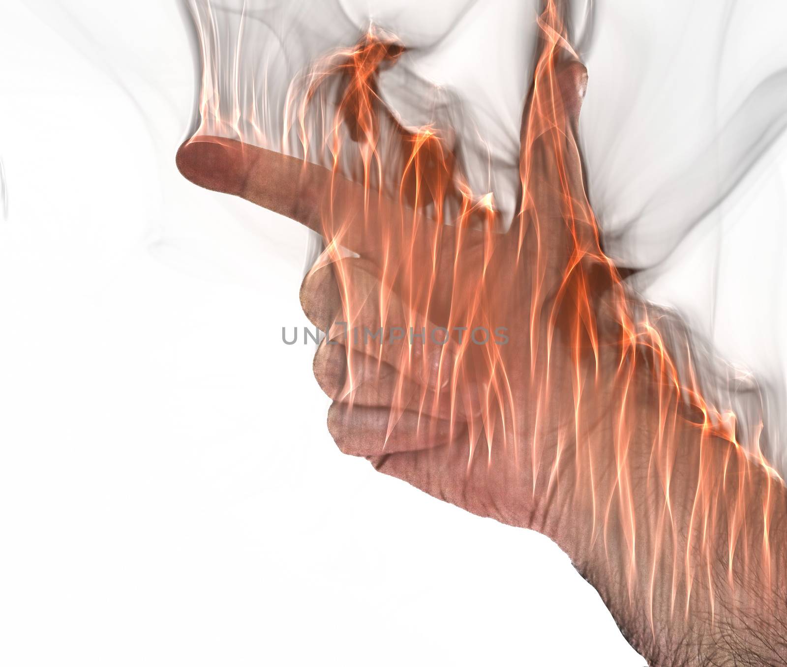 A human hand on fire burning with orange flames and some smoke in front of a white background