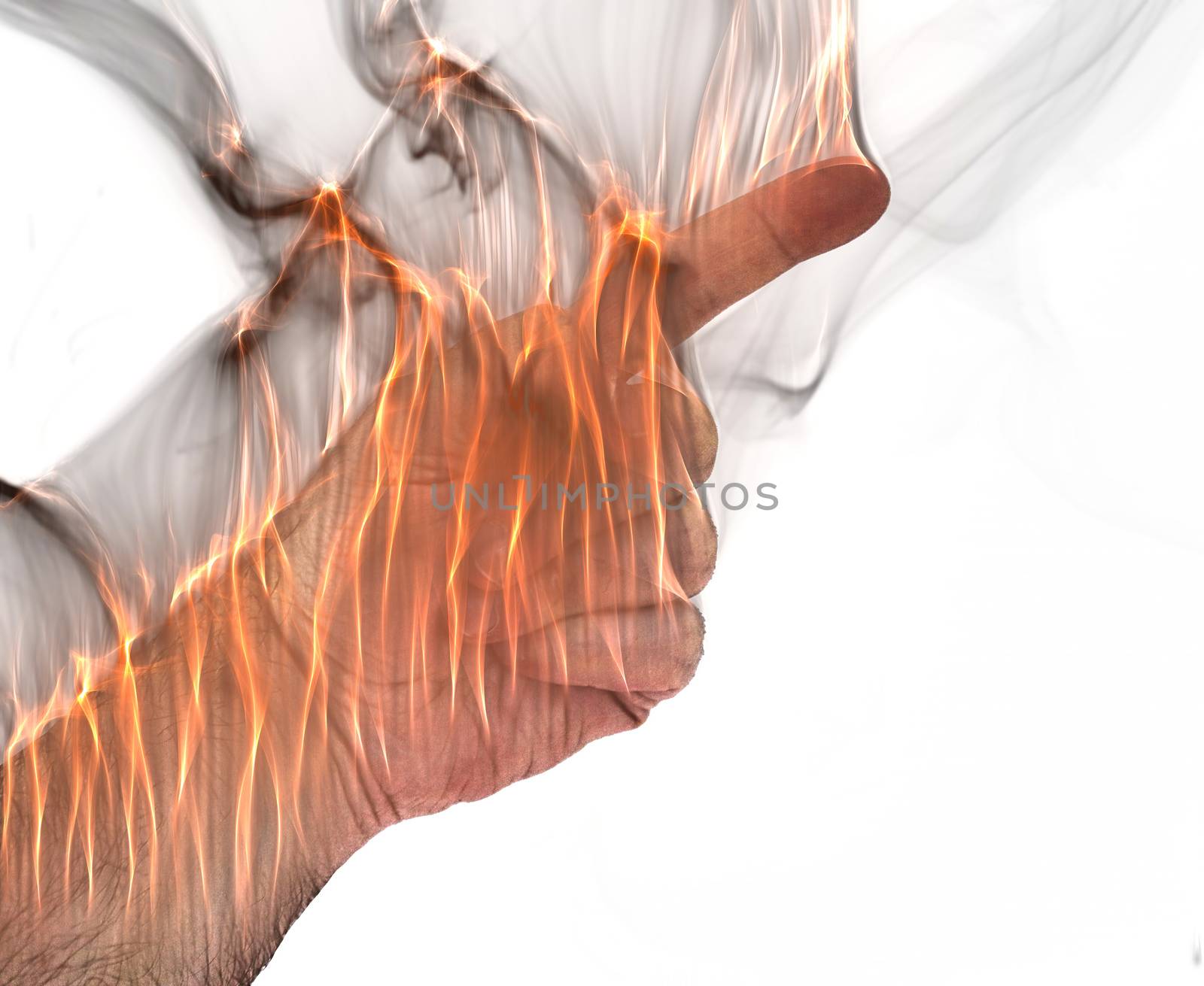 A human hand on fire burning with orange flames and some smoke i by MP_foto71