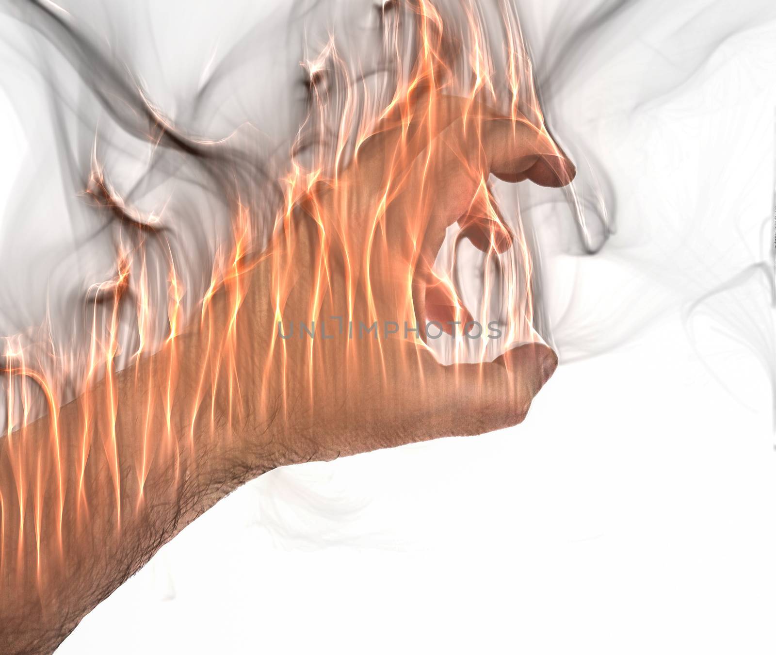 A human hand on fire burning with orange flames and some smoke in front of a white background