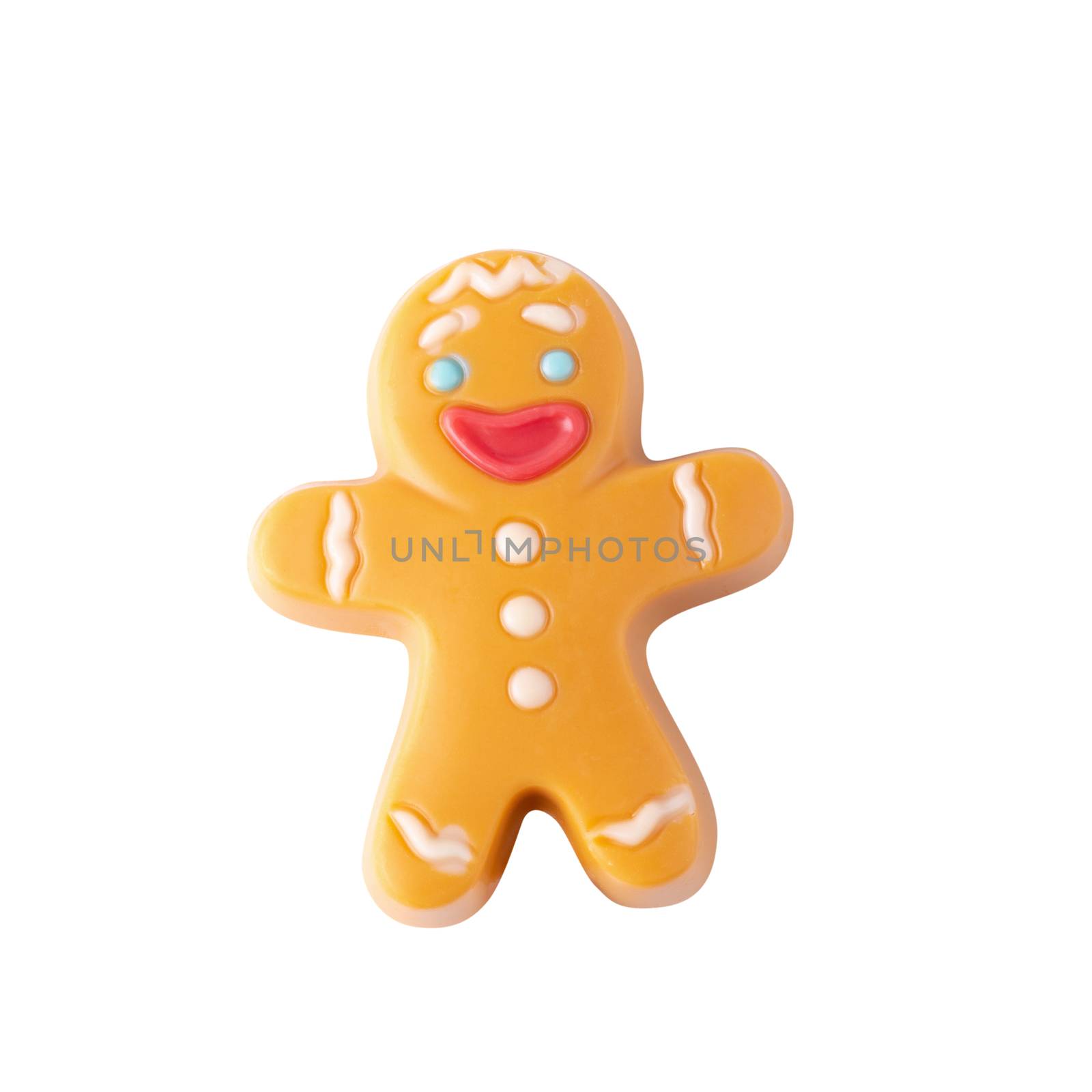 Chocolate Christmas gingerbread man decorated with white lines isolated over white background