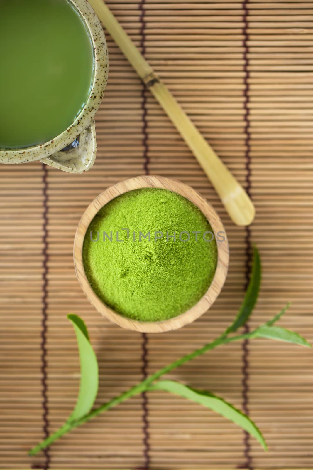 Set of matcha powder bowl wooden spoon and whisk green tea leaf  by kaiskynet