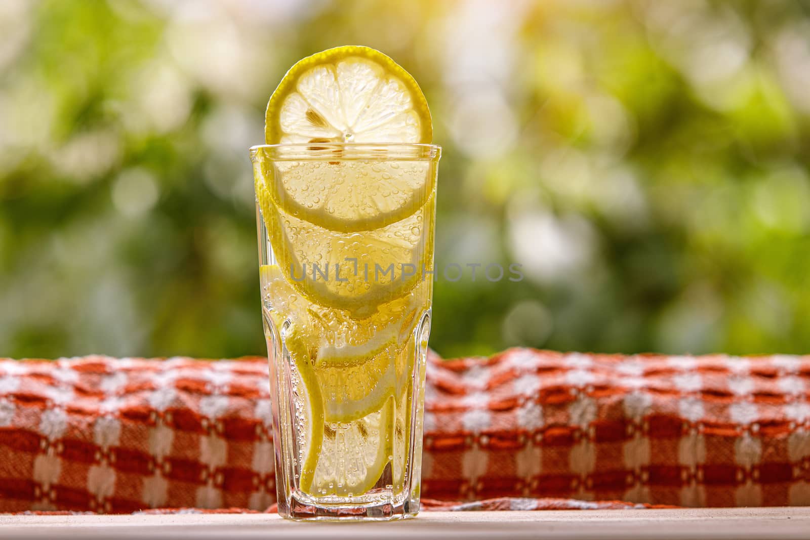 Glass of lemonade with lemon on the sunny garden background