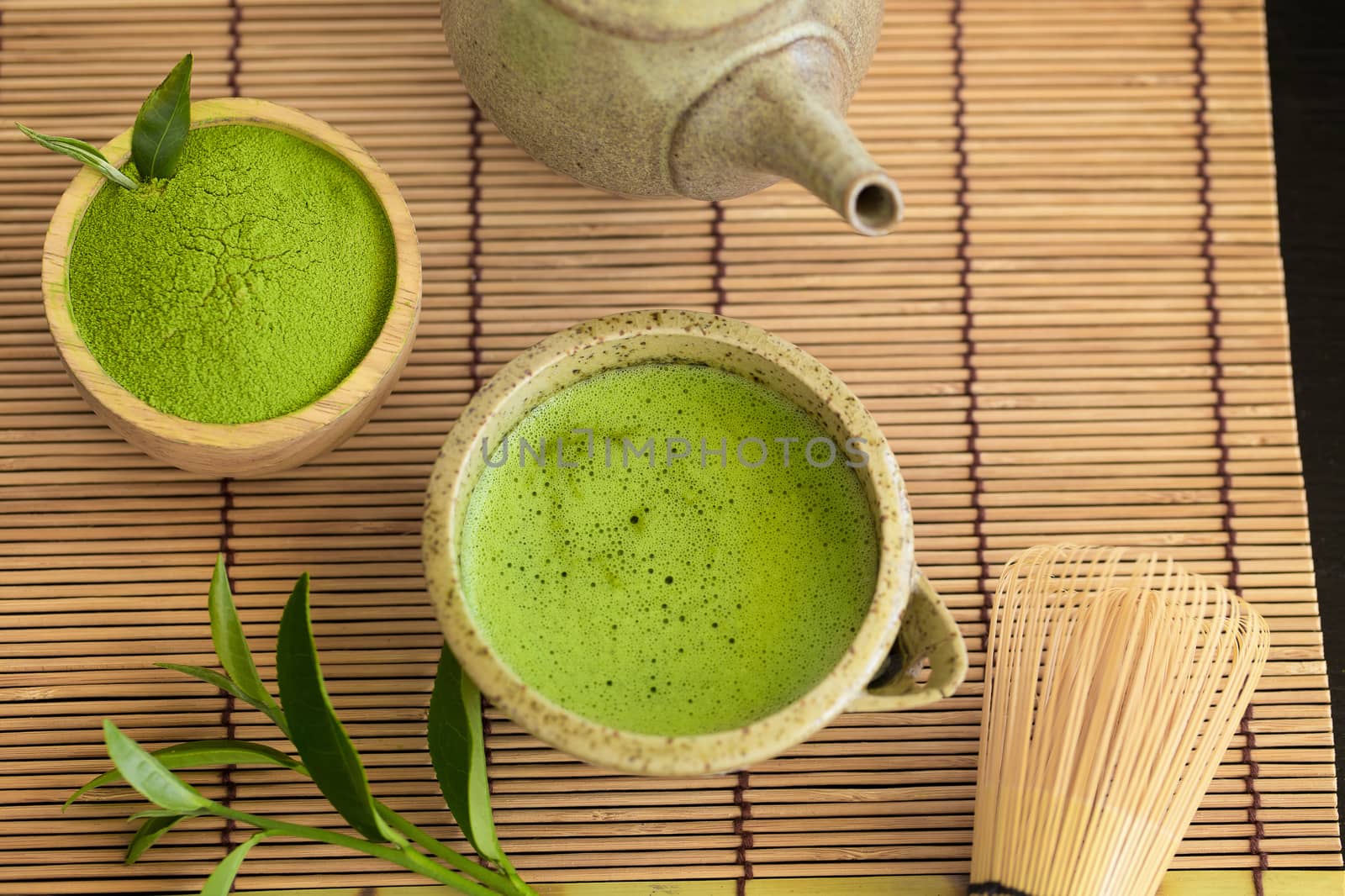 Set of matcha powder bowl wooden spoon and whisk green tea leaf Organic Green Matcha Tea ceremony.