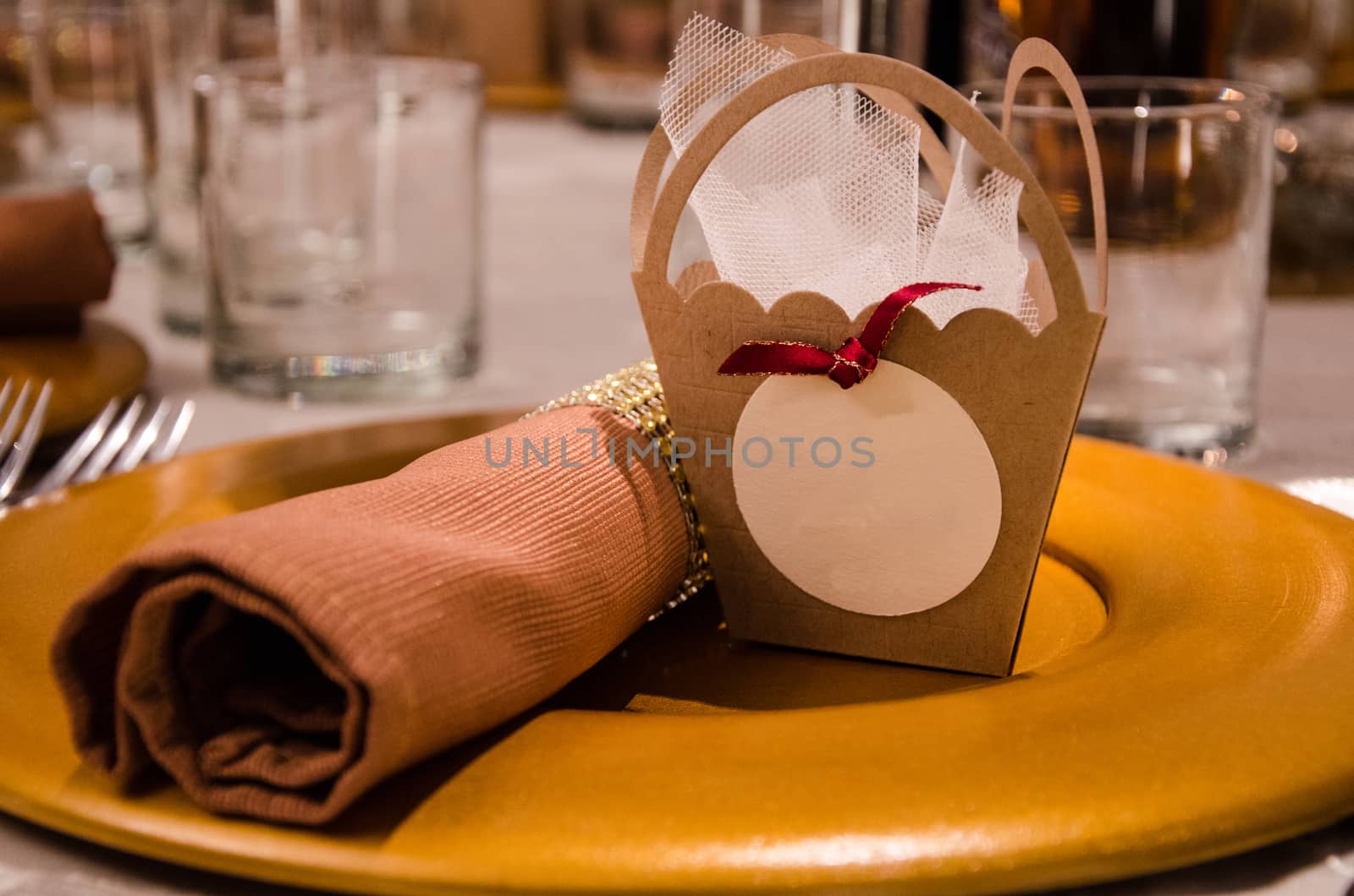 A plate and a tablecloth, decoration of a wedding table