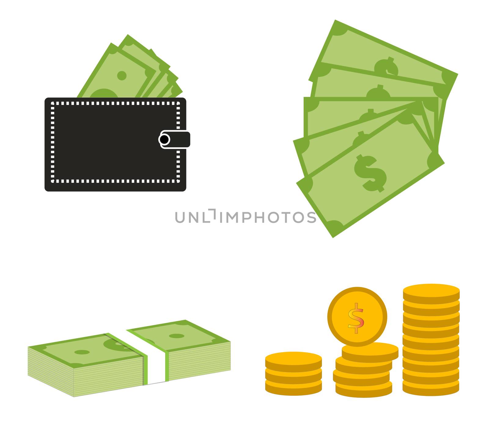 set moneydollars and coins on white background. set moneydollars and coins sign.