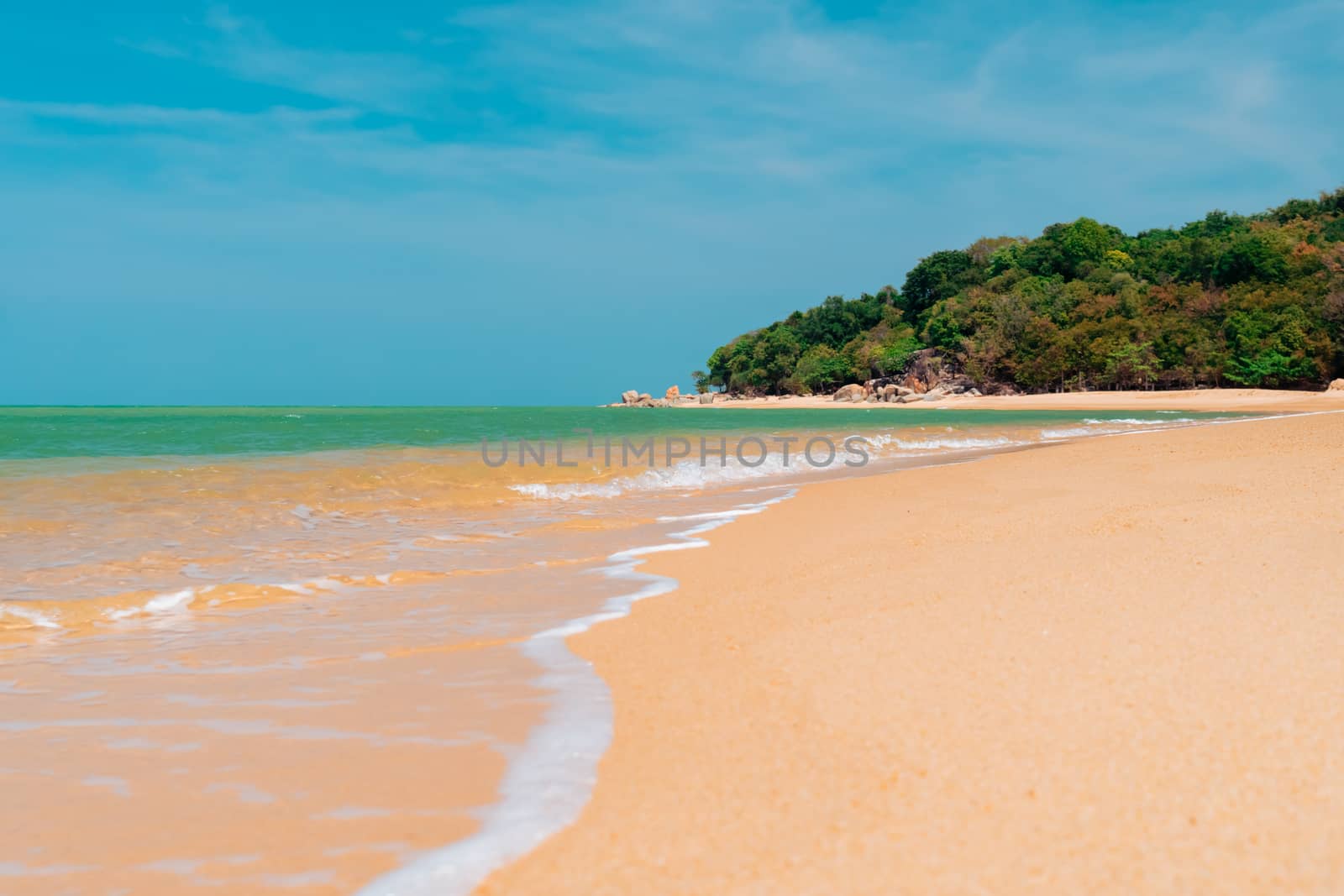 Tropical nature clean beach and white sand in summer with sun light blue sky and bokeh background. by Suwant