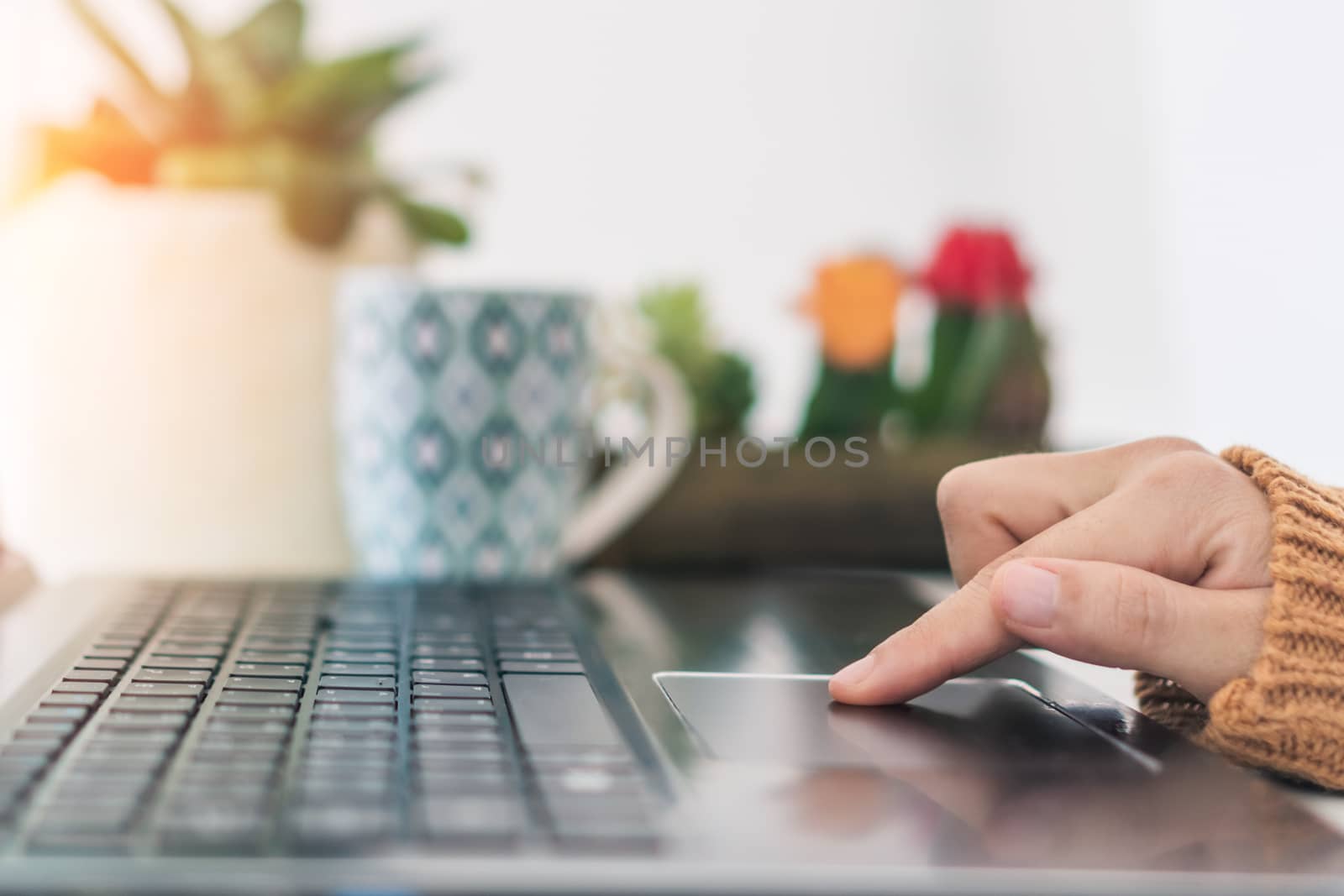 Woman hand using laptop or smartphone to work study on work desk with clean nature background background. Business, financial, trade stock maket and social network concept.