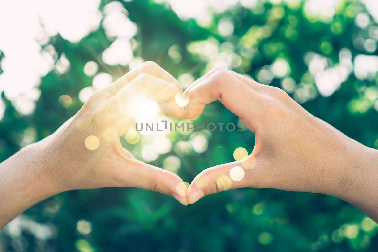 Woman hand do heart shape on green nature bokeh tropical background.