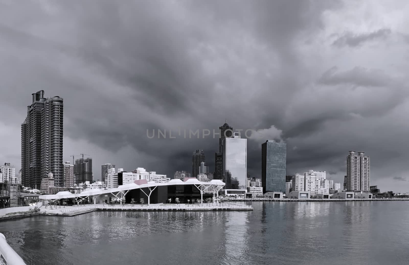 A dramatic sky over the Asia Bay in Kaohsiung City in Taiwan
