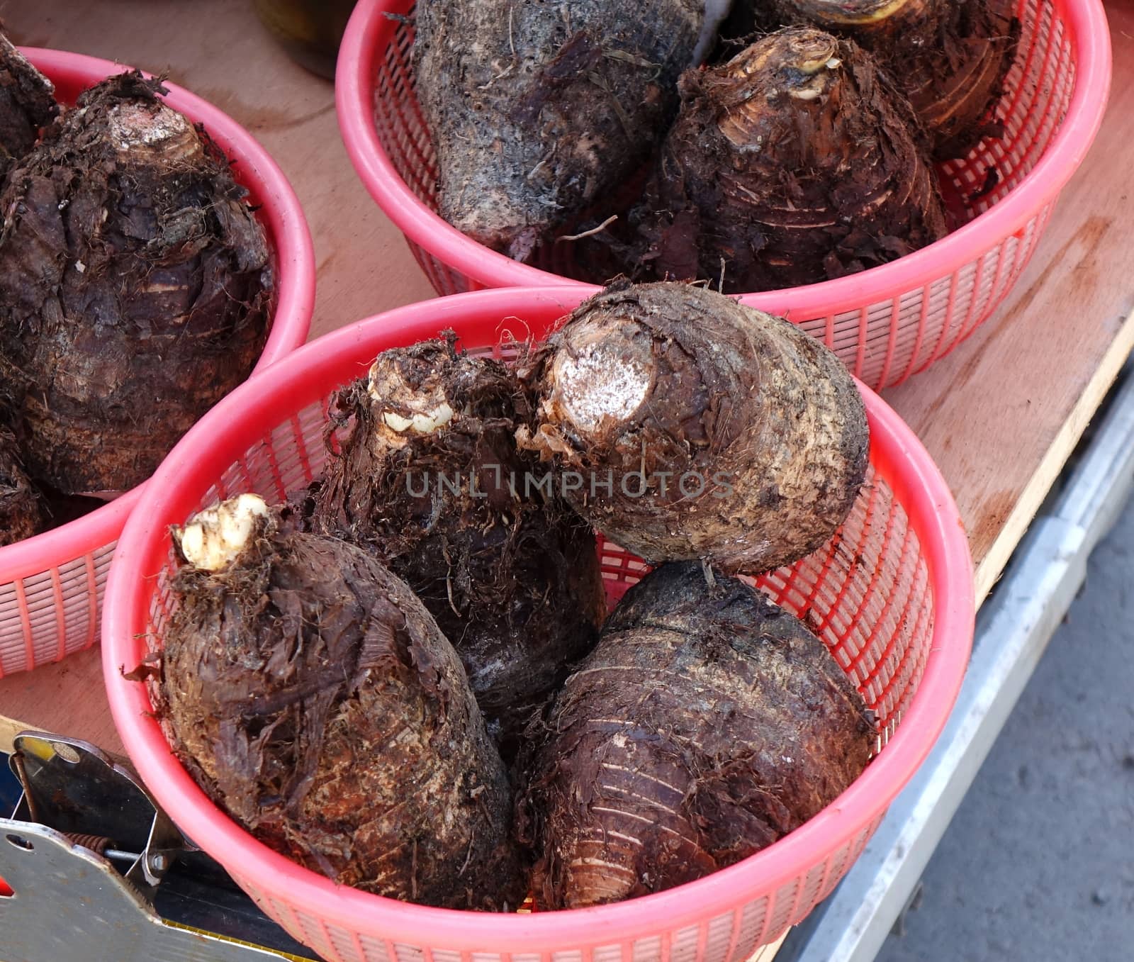 A market vendor sells large taro roots, a popular vegetable in Taiwan