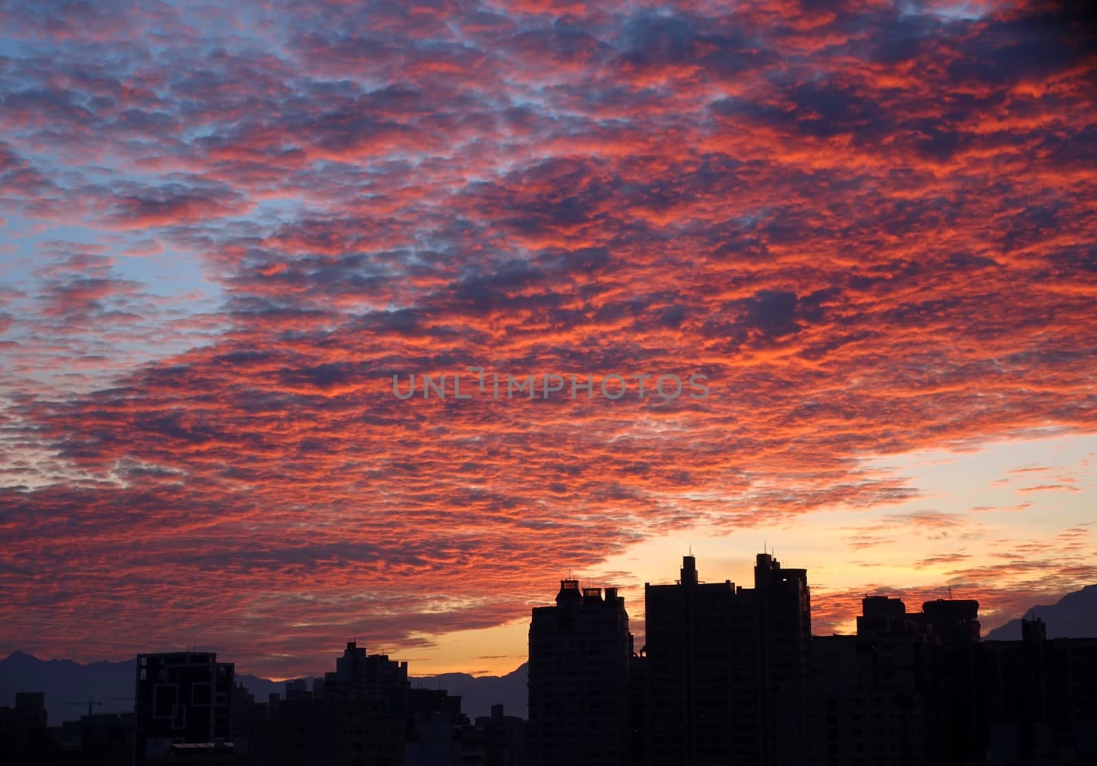 Beautiful sunrise with purple and red clouds over the silhouette of a city
