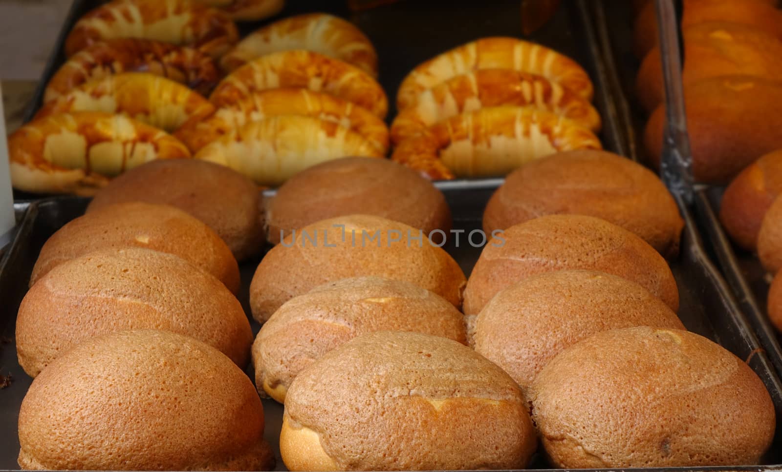 Freshly baked bread buns in a tray