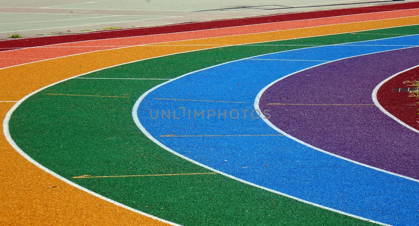 Running tracks in several bright colors with white lane markings