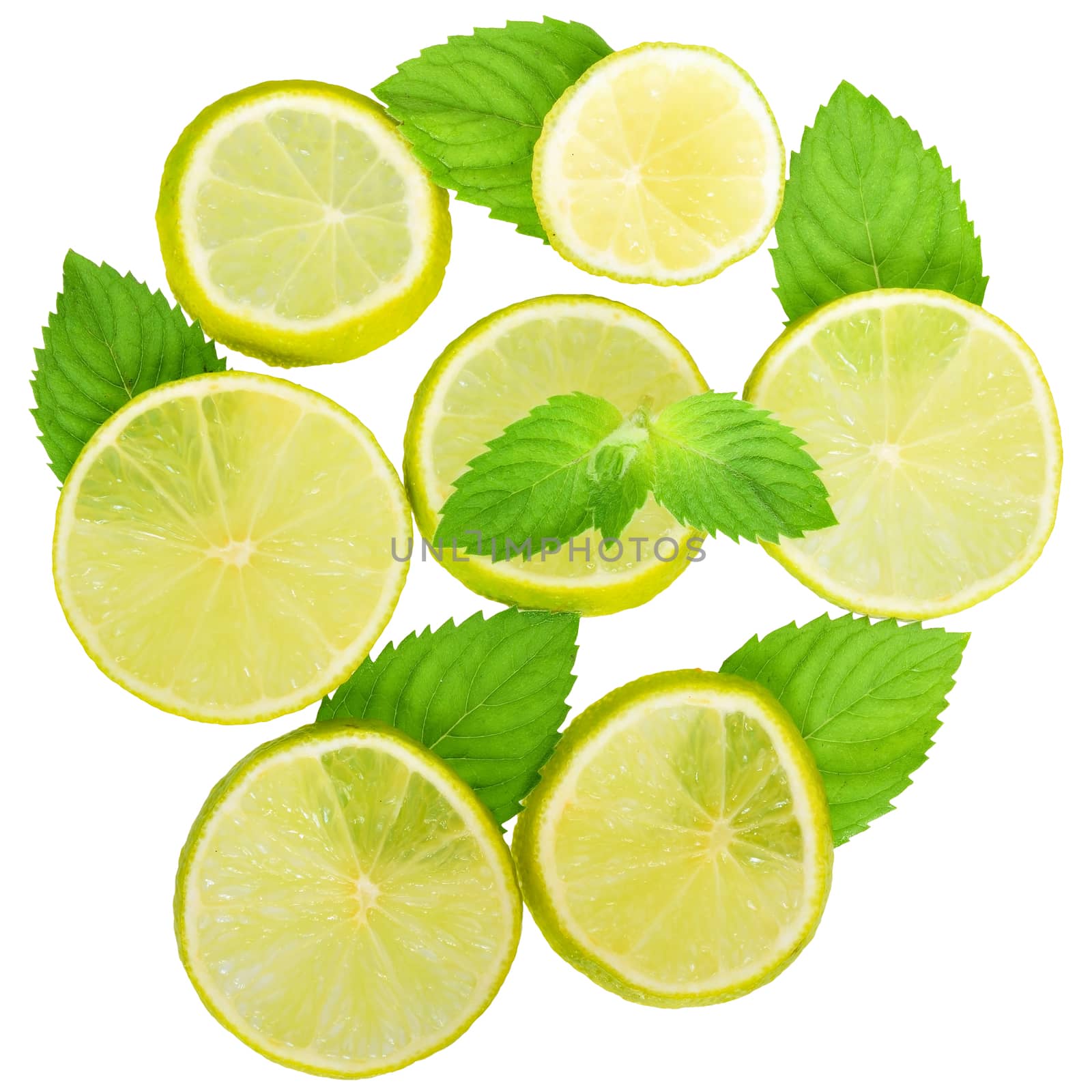 Fresh lime with leaf mint top view on a white background.