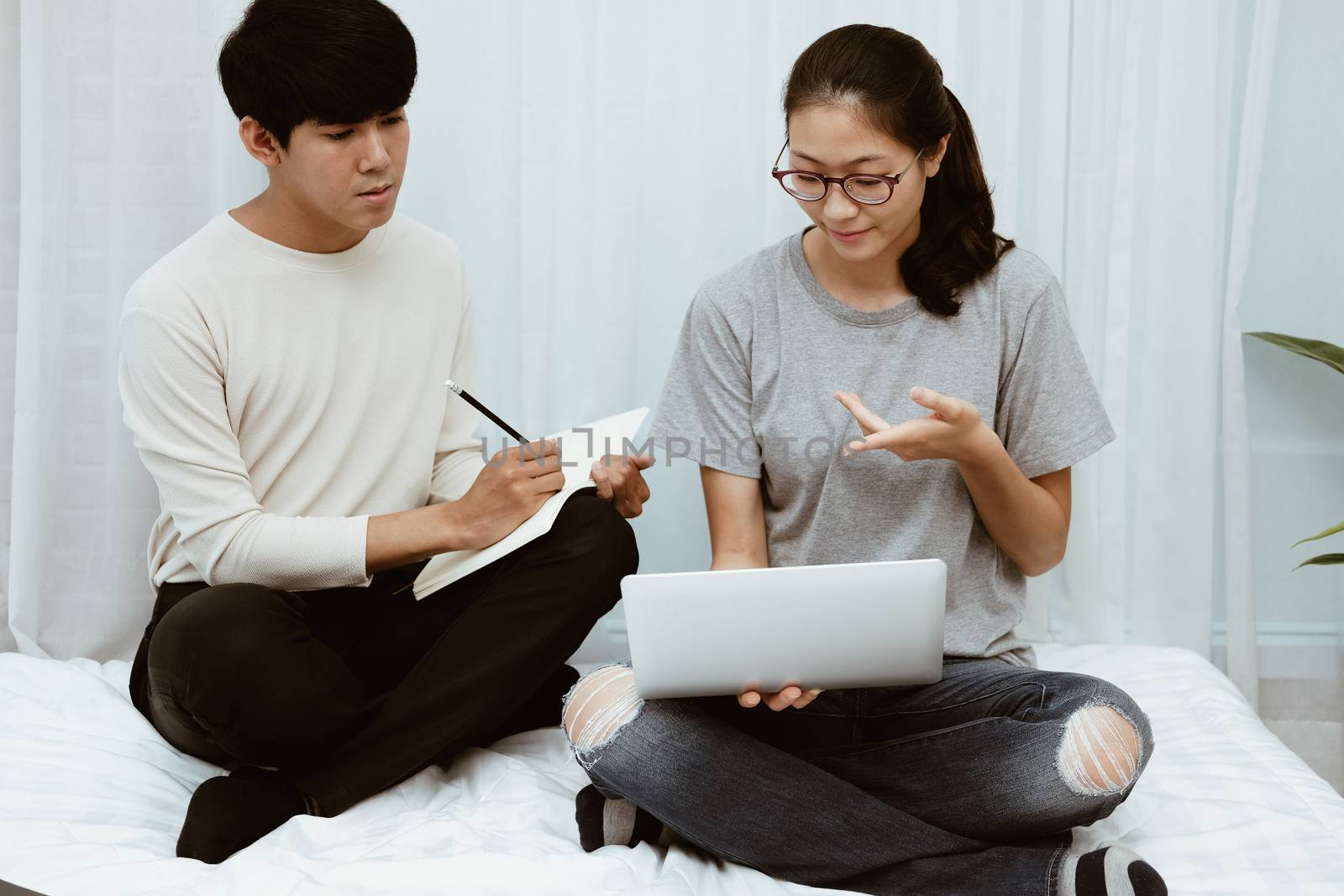 man woman friends students listen lecture studying learning online course on video conference call. work at home