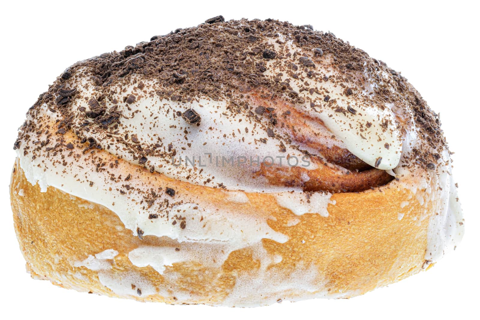 sweet bun with icing sugar and chocolate chips isolated on a white background.