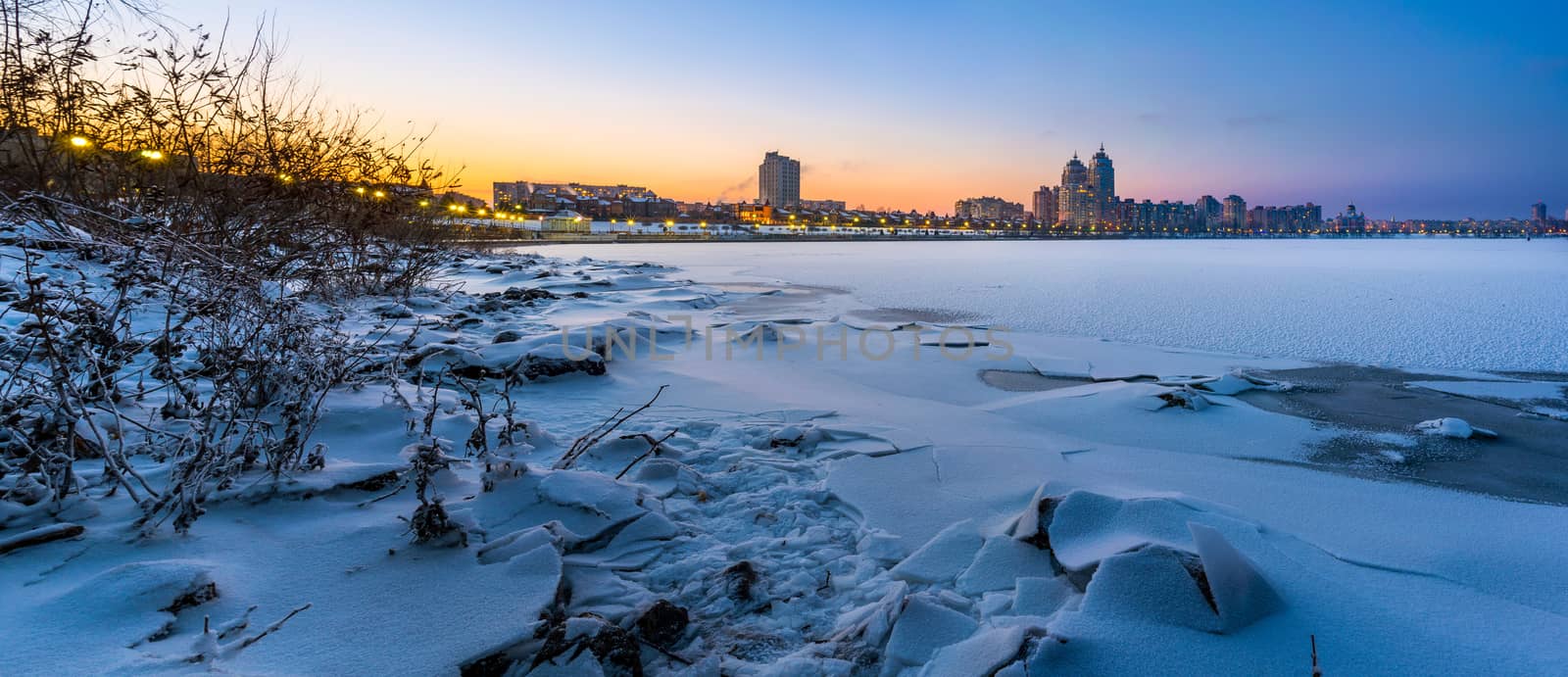 Winter Night Cityscape close to the Dnieper River in Kiev by MaxalTamor