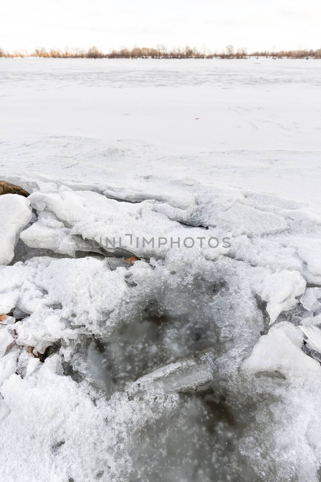 Detail of ice on the frozen Dnieper river in Kiev, Ukraine