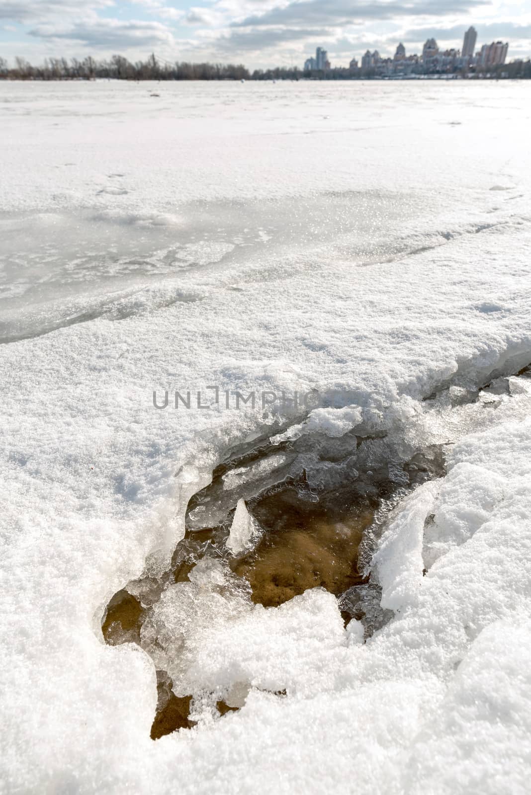 Detail of ice on the frozen Dnieper river in Kiev, Ukraine