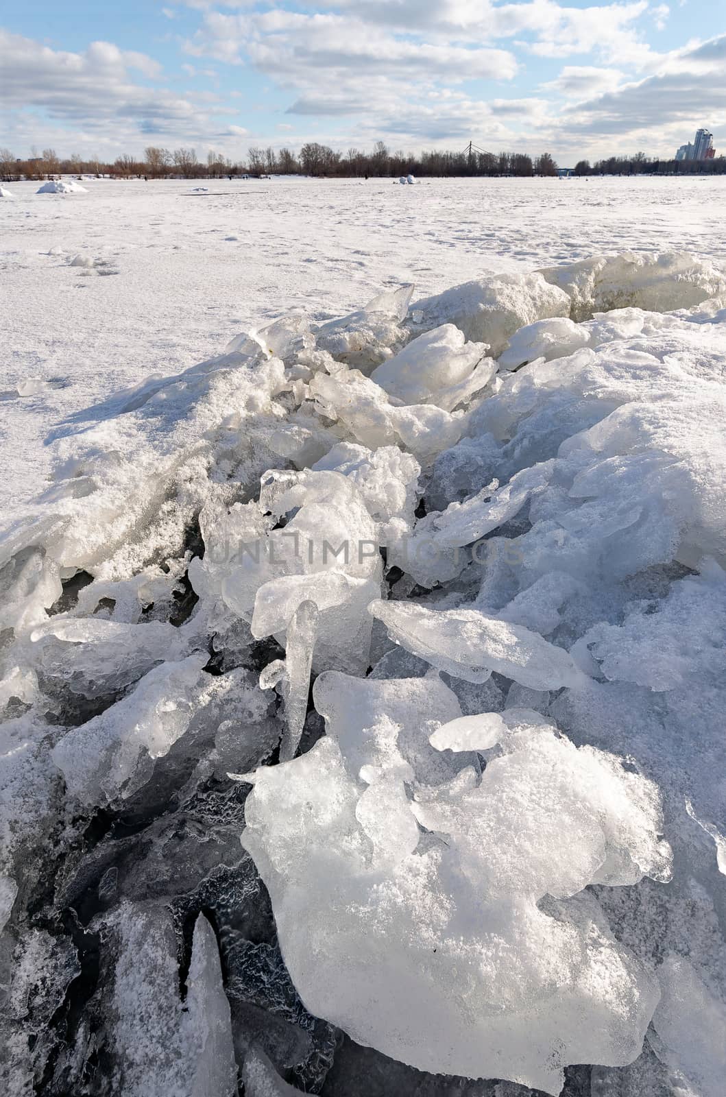 Detail of ice on the frozen Dnieper river in Kiev, Ukraine, during a cold winter