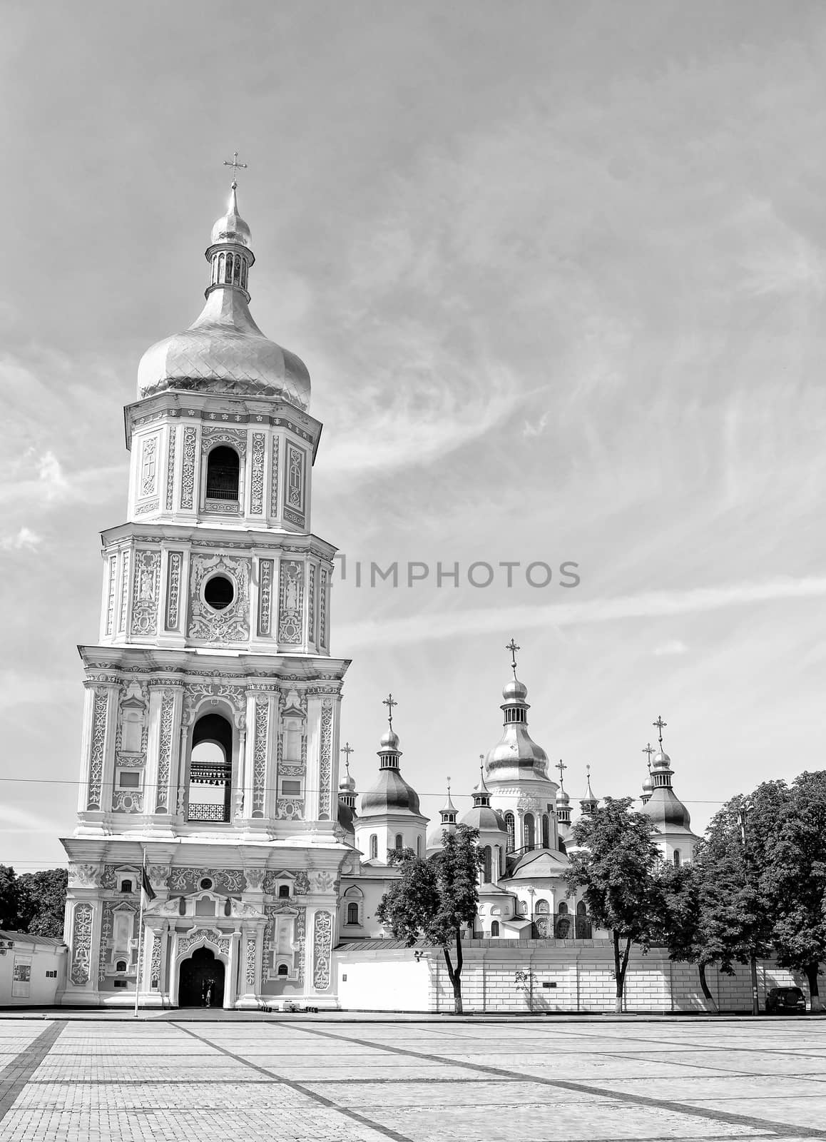 Black and white  photo of Saint Sophia Church in Kiev with a high tower bell, Ukraine