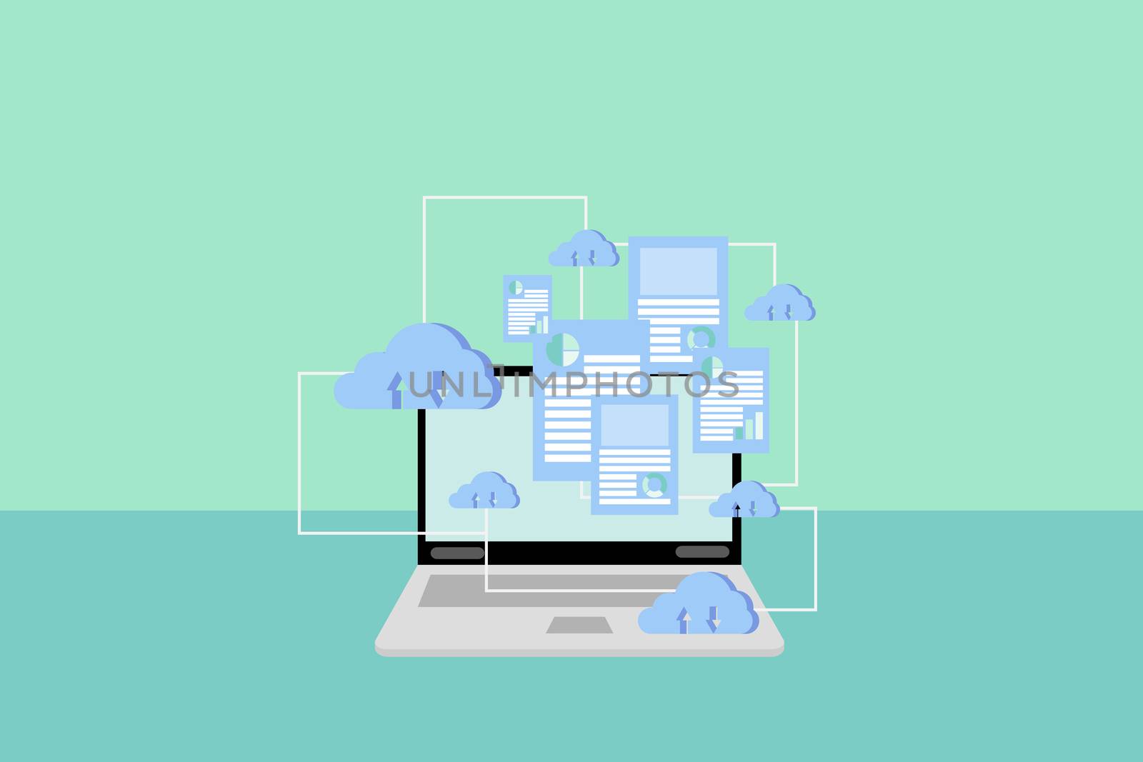 Cloud storage data concept. Laptop with blue clouds storage and datasheet on screen with line connection on a green background. Synchronize data with the internet and use it anywhere.