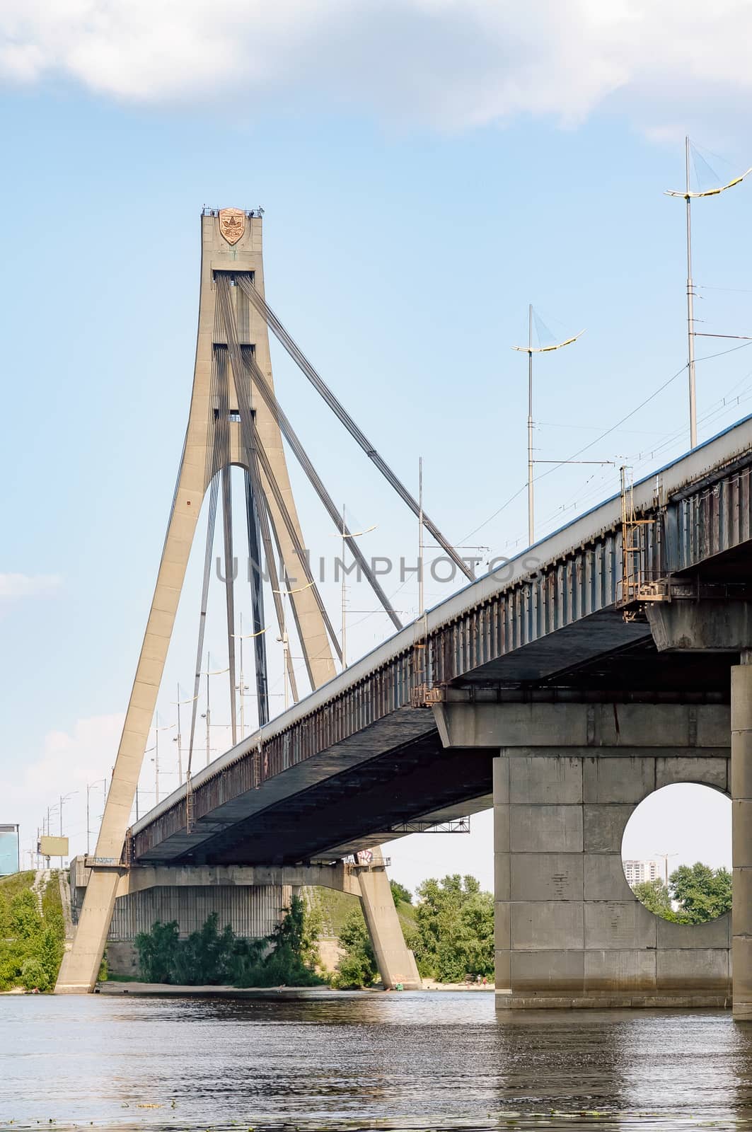 Detail of the pylon of the cable-stayed bridge Pivnichnyi (ex Moskovsky) bridge, built by Heorhii Fuks, in Kiev, Ukraine.
